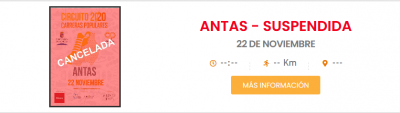 ANTAS - CIRCUITO DE CARRERAS POPULARES DIPUTACIÓN DE ALMERÍA 2020 Distancia: 8Km. Modalidad: Ruta Lugar: Era del lugar, Antas Inscripciones NOVEDADES CIRCUITO 2020 Algunas de las novedades para la edición de este año son las siguientes Para puntuar será necesario inscribirse a todo el circuito. Maximo 200 participantes No habrá inscripciones en el día ni inscripciones de club. TODO ONLINE Dadas las circunstancias, este año no habrá carreras infantiles Solo habrá 40 inscripciones a prueba individual, y está no puntuará para el circuito A todos los inscritos se les enviará a su domicilio la bolsa del corredor, junto con los dorsales y el chip. Se ha elaborado un estricto protocolo de seguridad ANTICOVID-19 (Ver reglamento) ANTAS - CIRCUITO DE CARRERAS POPULARES DIPUTACIÓN DE ALMERÍA 2020 ANTAS - CIRCUITO DE CARRERAS POPULARES DIPUTACIÓN DE ALMERÍA 2020